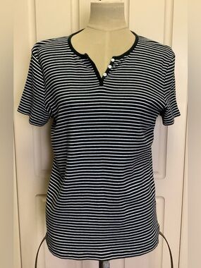Jones New York Sport Shirt Top-Black White Stripes-Short Sleeve-Button-Cotton-XL